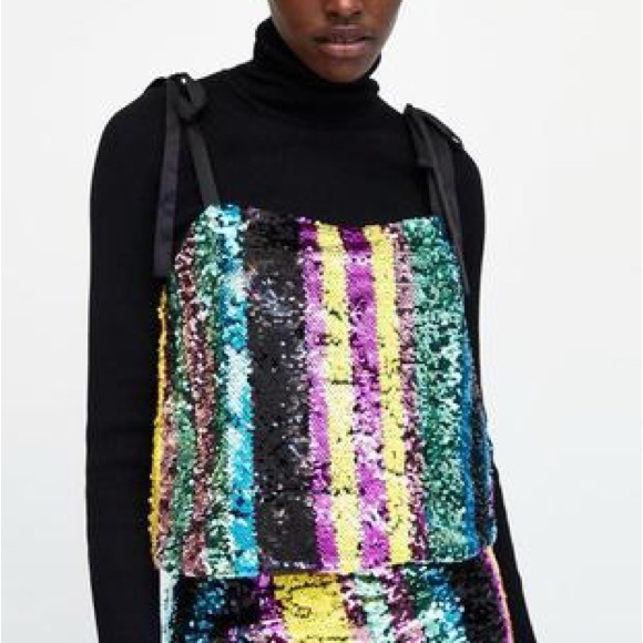 Zara - Striped Sequin Cropped Tie Tank - Size XS - Picture 3 of 8